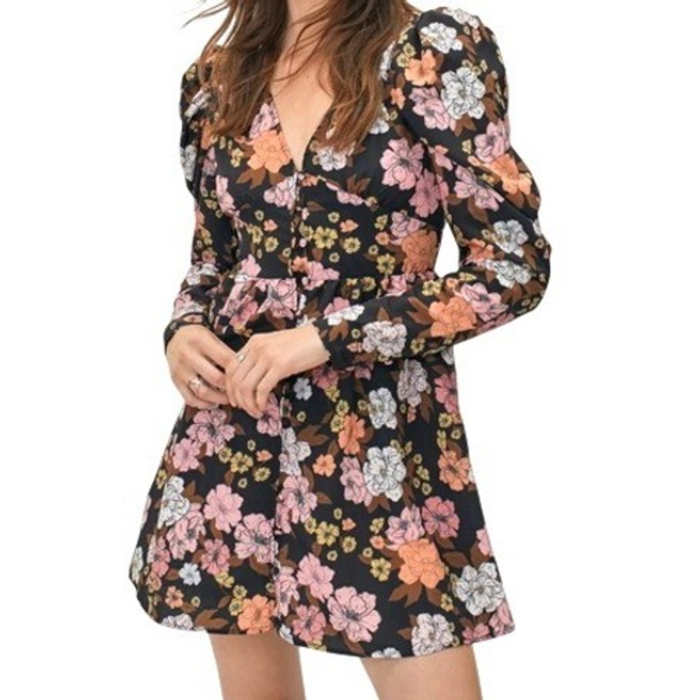 Nasty Gal Collection Puff Sleeve V Neck Floral Mini Dress Black Pink US‎ 2 NWT